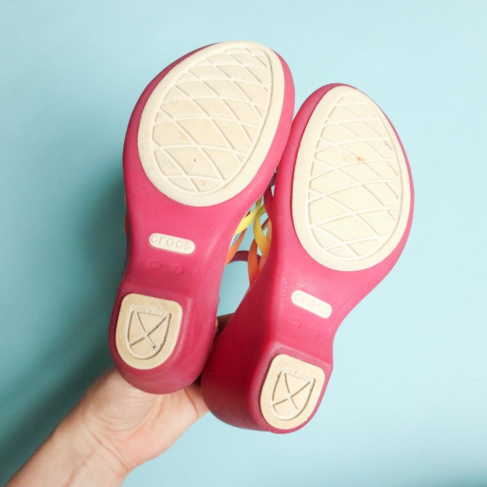 Crocs Huarache Pink Yellow Jelly Wedge Criss Cross Heels Womens 7 Retro Y2K 2000 - Picture 5 of 7